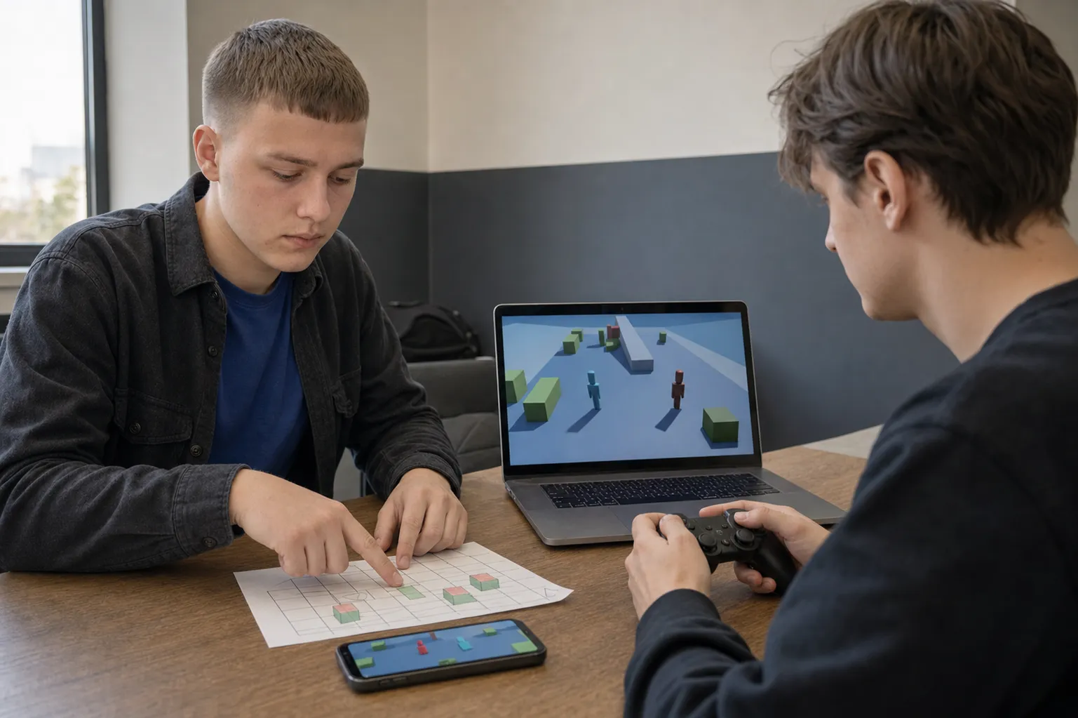 Pavlo reviewing an original multiplayer game playtest with a colleague